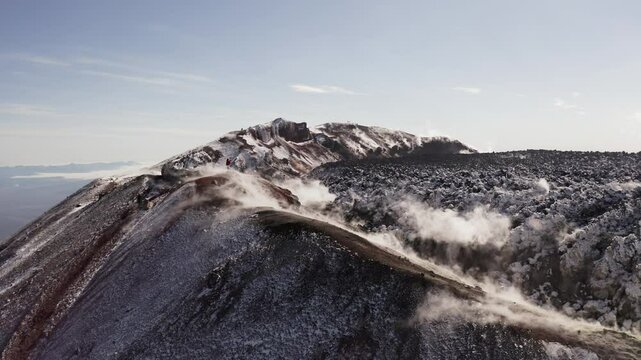 flight over the crater of the volcano, Avachinsky volcano, View from above