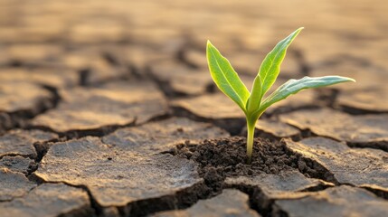 Close-up of a plant growing out of cracked soil, showing resilience and sustainability. Ample space for text.