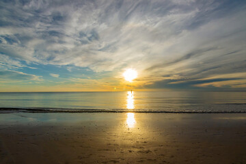 Beautiful amazing sunrise at Hua Hin sea and sea waves, Summer concept.