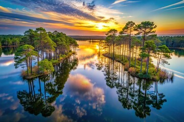 Obraz premium Sunset behind pine trees over lake in Mississippi with reflection in water bird eye view