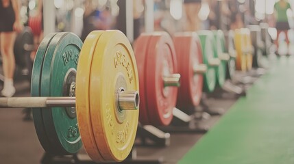 Weight Lifting Equipment in Gym with Colorful Weight Plates