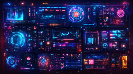 A vibrant, futuristic user interface with glowing panels and data visualizations.