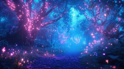 Fototapeta premium Magical forest aglow with neon lights, casting a fairy tale-like ambiance in a dynamic, dreamlike landscape full of enchantment