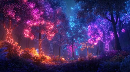 Fototapeta premium Magical forest aglow with neon lights, casting a fairy tale-like ambiance in a dynamic, dreamlike landscape full of enchantment