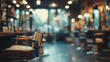 A vintage barber shop interior with empty chairs and warm lighting.