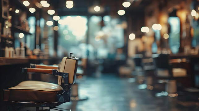 A vintage barber shop interior with empty chairs and warm lighting.