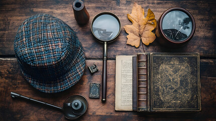 A vintage setup featuring a hat, magnifying glasses, a book, and natural elements.