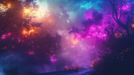 Naklejka premium Neon lights illuminating a magical forest, creating a vibrant fairy tale scene in a dynamic, dreamlike landscape of trees and glowing mist