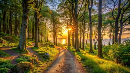 Sunset reflection on forest path in Bornholm woods
