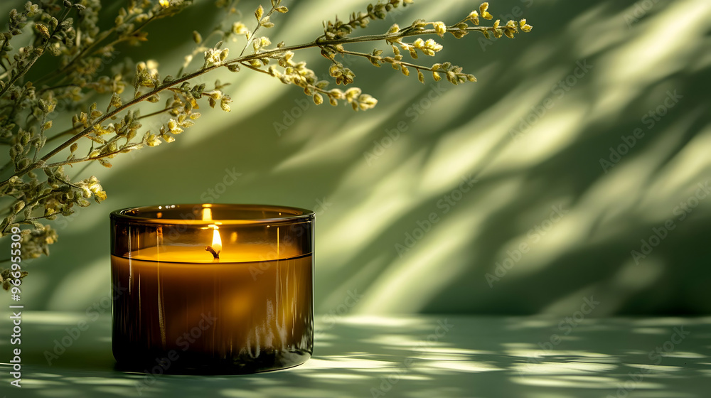 Wall mural A warm candle glows beside delicate foliage, creating a serene atmosphere with soft shadows.