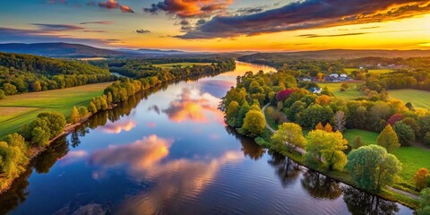 Fototapeta premium Sunset view of Pioneer Valley and Connecticut River in Deerfield Massachusetts