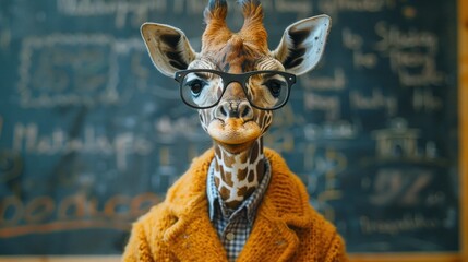 Giraffe Teacher in Classroom: Educator in Human Clothes and Glasses