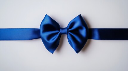 A blue bow with a ribbon, tied in a horizontal style, stands out against a plain white background.