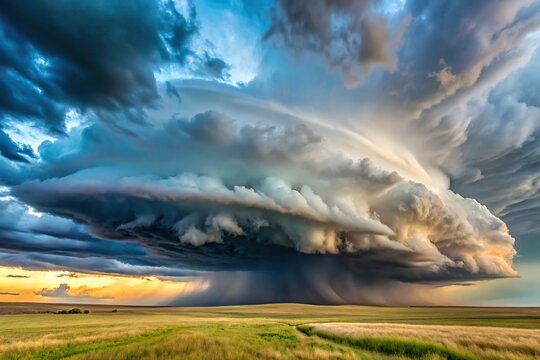 Supercell storm with wall cloud in expansive prairie landscape