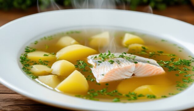 Sopa de pescado tradicional rusa "uha", servida con patatas y salm&oacute;n en un plato hondo blanco, con vapor visible.
