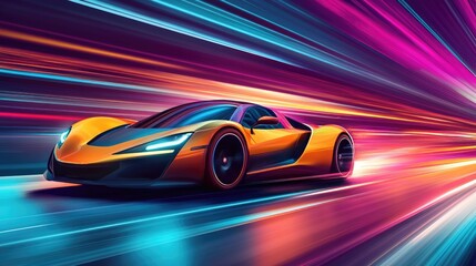 Vector illustration of a supercar with vibrant speed rays, driving through a dynamic futuristic background full of color and motion