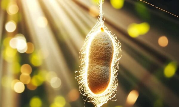 a silkworm cocoon hanging on a tree branch on a sunny morning
