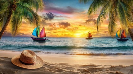 Obraz premium Vibrant tropical beach with palm trees, a straw hat on the sand, and colorful boats sailing against a glowing sunset backdrop
