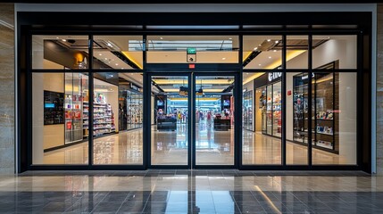A glass door leads into a shopping mall. The automatic doors have a shiny reflection and black frames. The store outside has bright lights and displays in the windows.