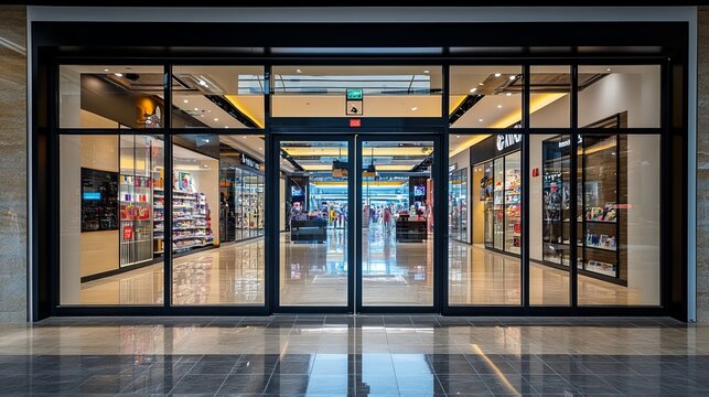 A glass door leads into a shopping mall. The automatic doors have a shiny reflection and black frames. The store outside has bright lights and displays in the windows.