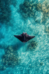 Aerial view of a reef manta ray swimming in shallow blue water