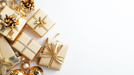 Flat lay of festive Christmas ornaments, including red and silver baubles, candy canes, holly leaves, and gift boxes, arranged on a white background