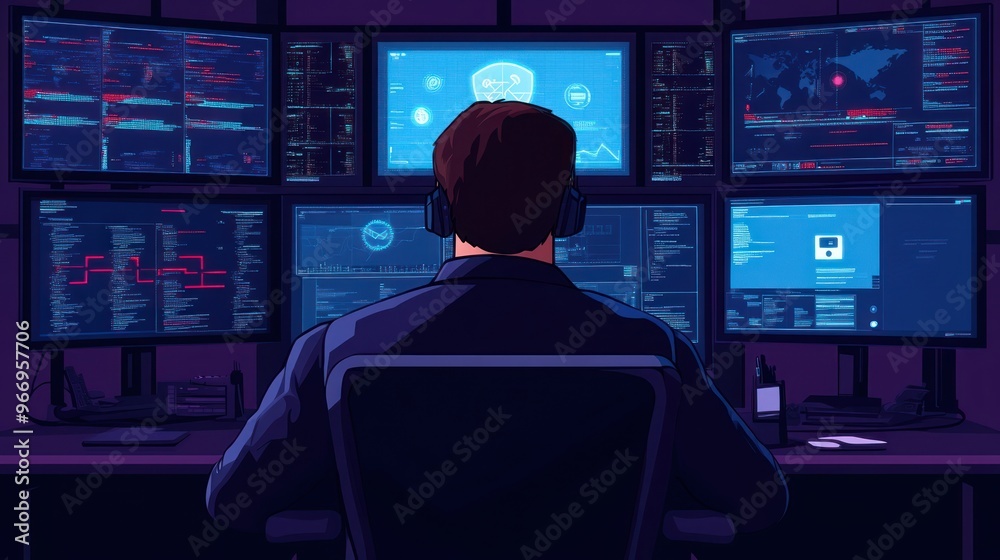 Poster Hacker in Dark Room with Multiple Monitors.