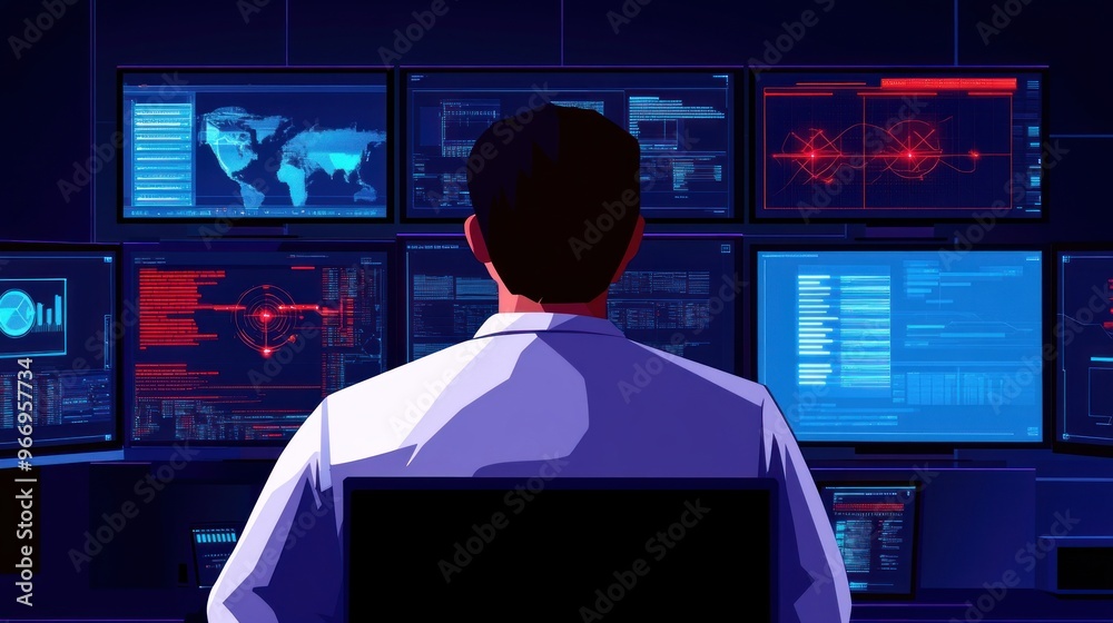 Poster Hacker at work with multiple monitors.