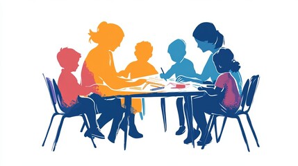 Fototapeta premium A simple drawing of a mother or teacher helping children with their homework. The image shows the importance of education and caring for children's learning.