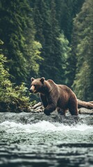 Brown bear walking through forest stream