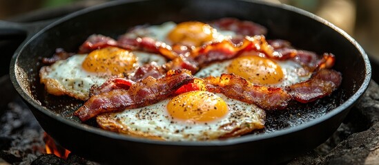 Crispy Bacon and Sunny-Side Up Eggs in a Cast Iron Pan