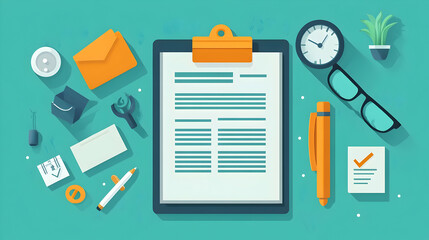 A workspace scene with documents, stationery, and organizational tools.