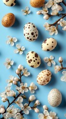 Obraz premium A beautiful spring background features an empty paper sheet with colorful Easter eggs and delicate flowers arranged on a pastel blue surface, ideal for invitations