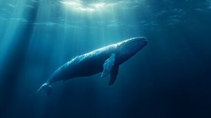 Fototapeta premium A friendly blue whale swimming through a deep ocean, sunlight filtering down