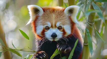 Obraz premium A mischievous red panda climbing through bamboo stalks