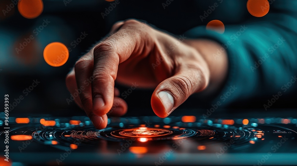 Poster fingertip touching futuristic interface.