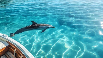 A playful dolphin swimming alongside a boat with crystal-clear water