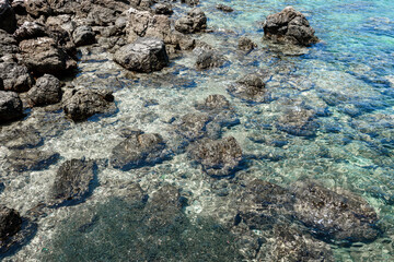 School of small fish in the crystal clear sea water with beautiful rocks. Stones in vivid blue transparent sea water beach. On the coast.