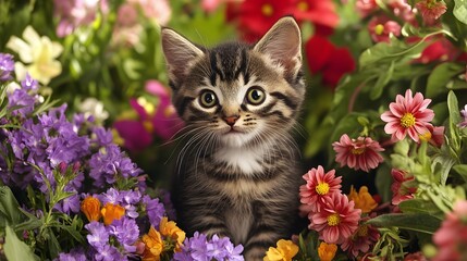 A playful kitten with bright eyes sitting in a garden full of blooming flowers