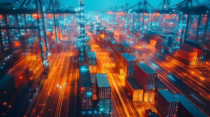 Aerial view of a busy shipping port with containers and illuminated cranes at dusk.