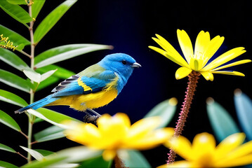 Fantasy Bird in Ukrainian Flag Colors - Perfect Wallpaper - A beautifully vibrant fantasy bird in blue and yellow, symbolizing hope for peace, perched among bright flowers. A stunning visual represent