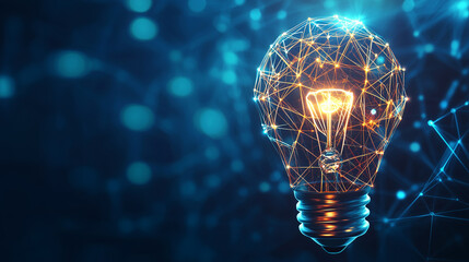 Futuristic light bulb glowing with blue and orange interconnected lines, representing ideas, innovation, technology, and connectivity in an abstract digital space.