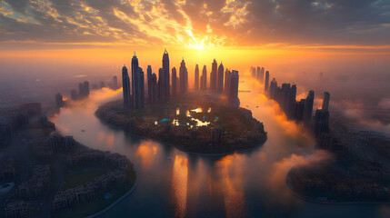 Naklejka premium Aerial view of a city skyline at sunset, reflecting on water with dramatic clouds.