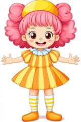 Fototapeta premium A whimsical cartoon featuring a joyful girl with vibrant pink hair, donning a cheerful clown costume against a crisp white backdrop.