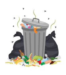 Trash can and waste plastic bags with stinky garbage left lying around