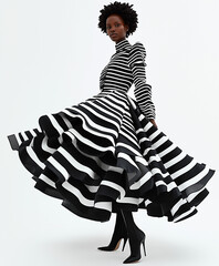 model in striking black and white striped dress with dramatic ruffled skirt