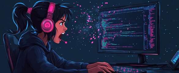 A female coder in pink headphones, hair flying in the wind, exclaims with excitement, embodying pure speed and creativity.