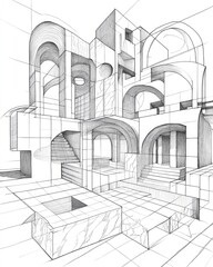 Abstract line art illustration of architectural design featuring a three dimensional perspective