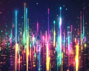 Abstract line art illustration featuring a vibrant wallpaper of light effects resembling fireworks against a cityscape showcasing colorful glowing neon lines for a striking artistic impact