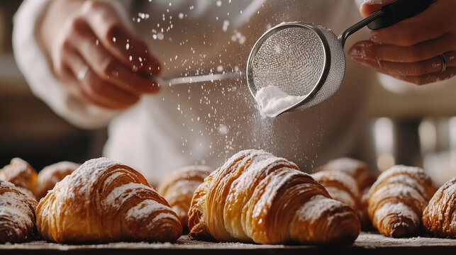 Hands preparing to dust croissants with powdered sugar, showcasing the delicate process in a bakery setting, capturing the fresh, warm appearance of the pastries.